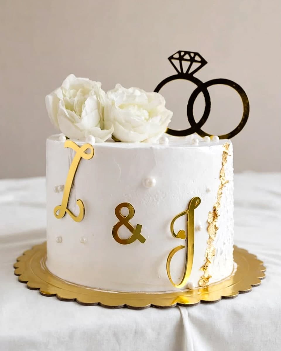 Bolo de casamento JUARIBEL com iniciais douradas e peónias brancas